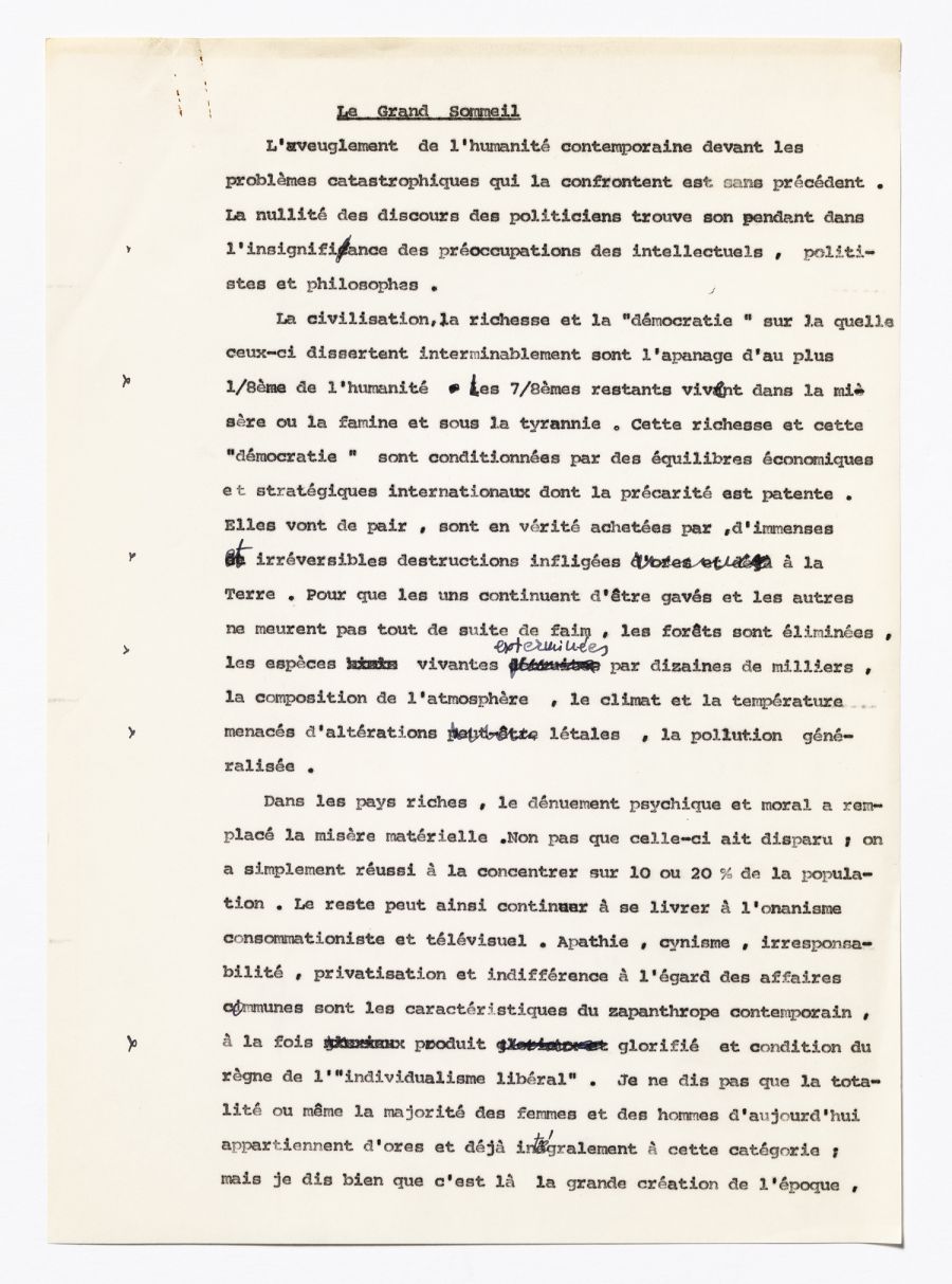 Cornelius Castoriadis, « Le grand sommeil ». Dactylogramme annoté, mars 1989. Archives Cornelius Castoriadis/Imec.