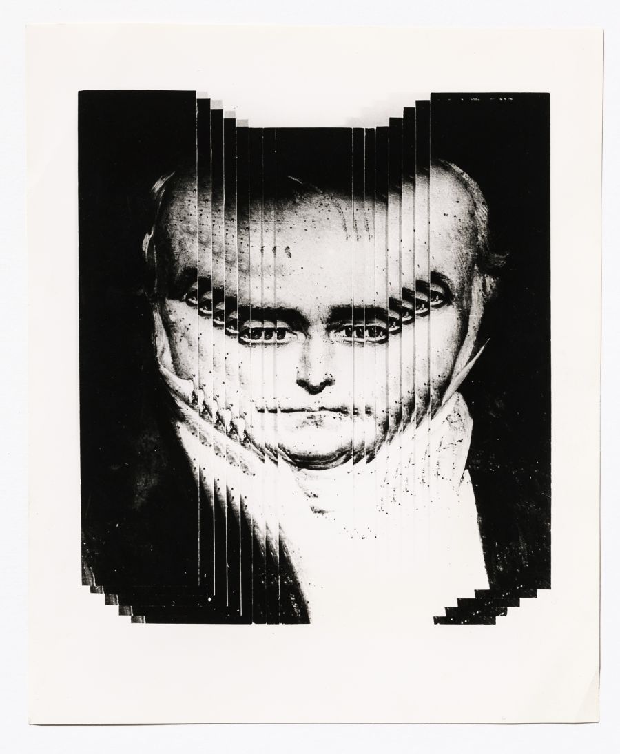 Photographie d’un portrait de Charles Fourier traité en écartelage par Pierre Faucheux. Archives Pierre Faucheux/Imec.© Michaël Quemener/ Imec