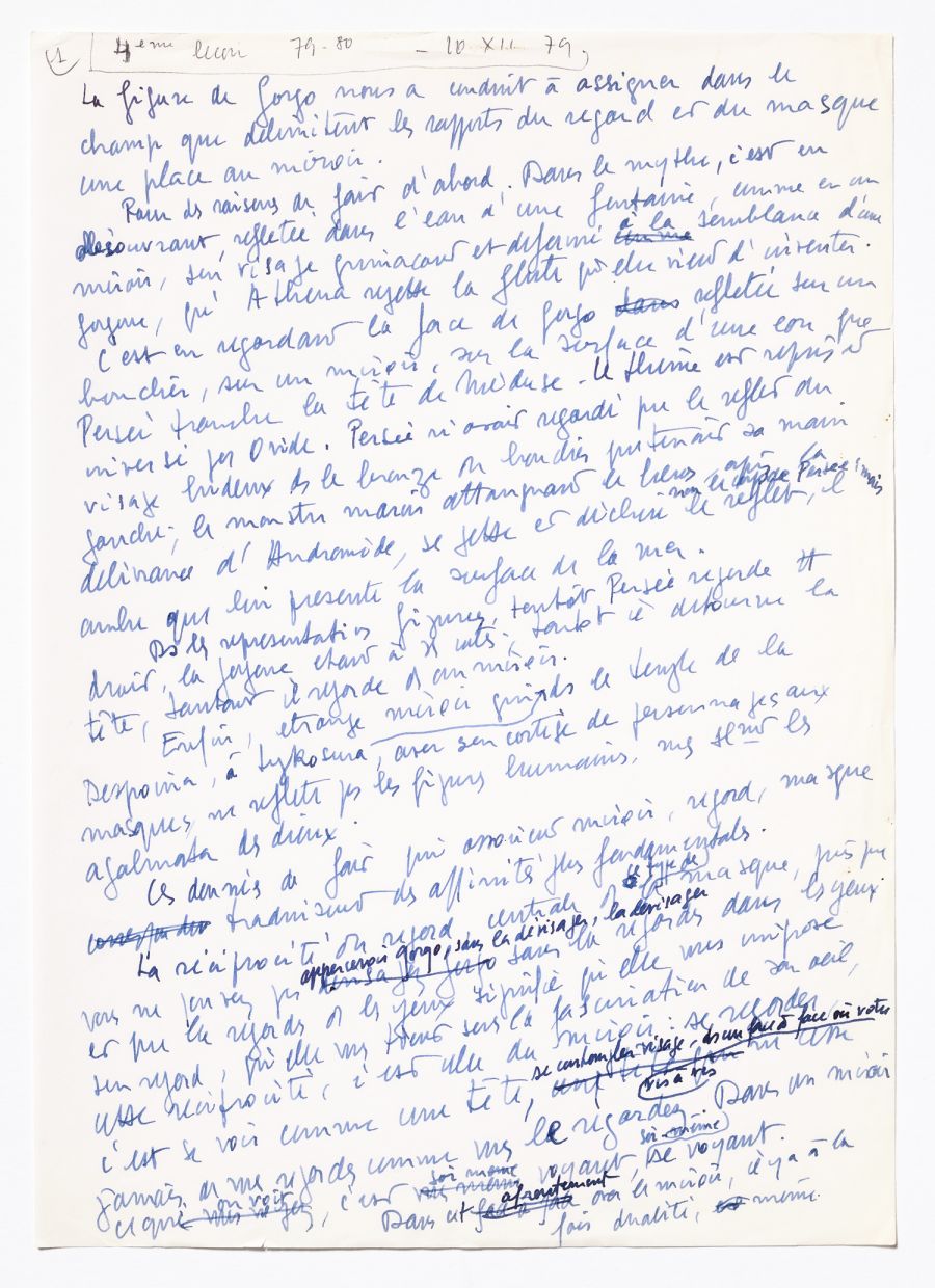 Jean-Pierre Vernant, page du manuscrit de La mort dans les yeux : figures de l’Autre en Grèce ancienne (Artémis, Gorgô). Archives Jean-Pierre Vernant/Imec.