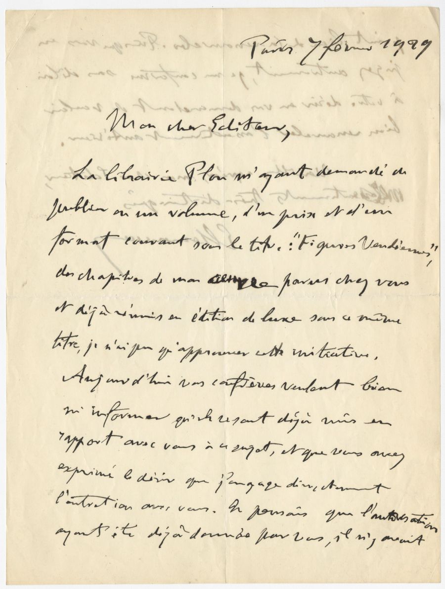 Lettre de Georges Clémenceau à Bernard Grasset, 7 février 1929. Archives Éditions Grasset/Imec.